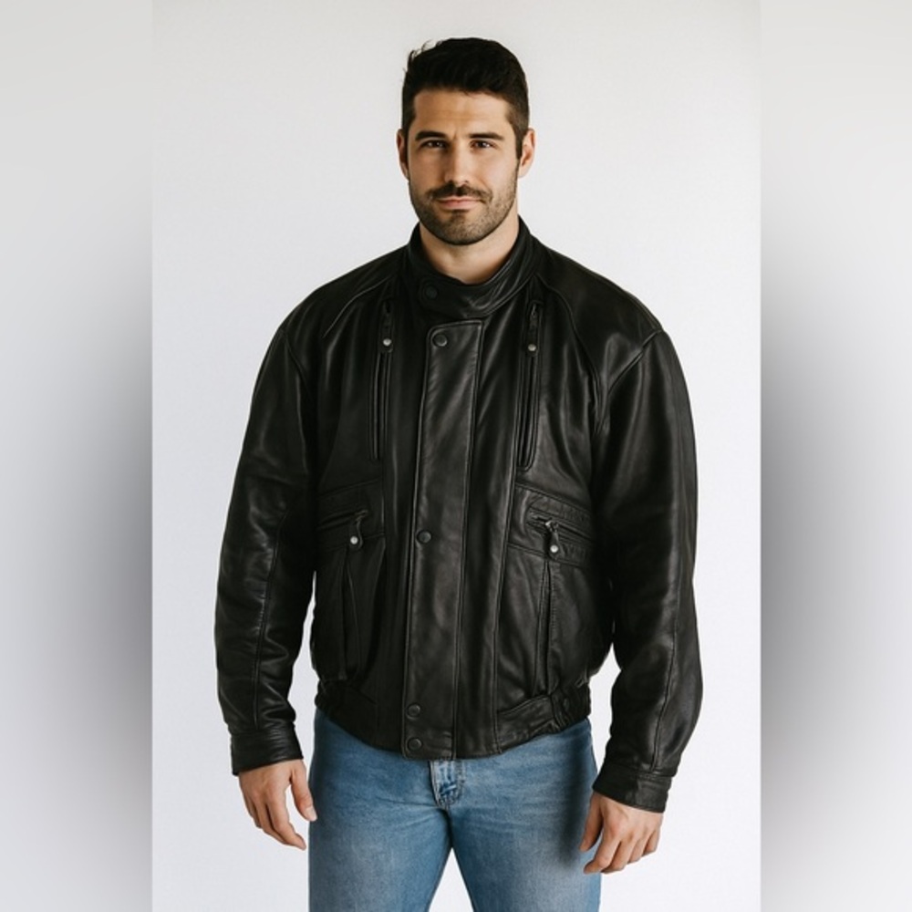 Harley Davidson, black leather riding jacket size 44 regular w/ removable liner